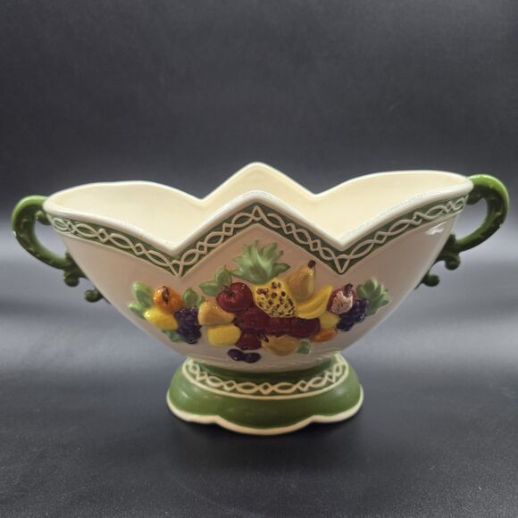 Vintage Porcelain Double Handle Jardiniere Planter Fruit MCM Footed - Picture 3 of 16